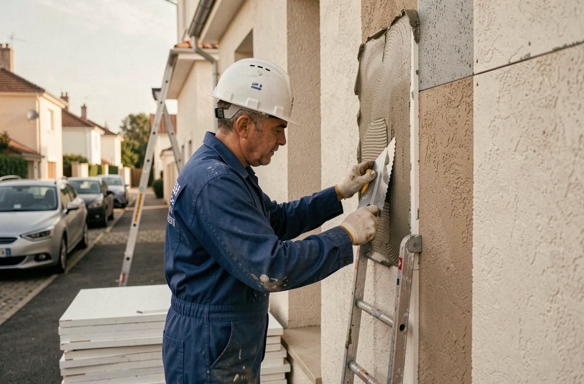 Technicien Actif Confort appliquant des panneaux d'isolation thermique par l'extérieur sur une maison dans les Hauts-de-Seine