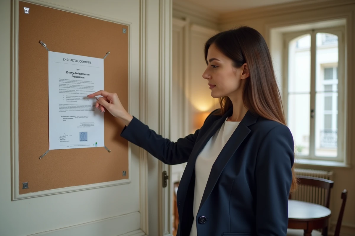 Agent immobilier présentant un certificat de performance énergétique dans un appartement haussmannien