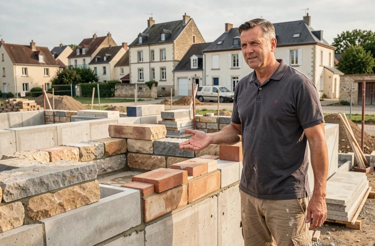 Maçon supervisant un chantier polyvalent combinant pierre, brique et béton dans la Loire pour AGM