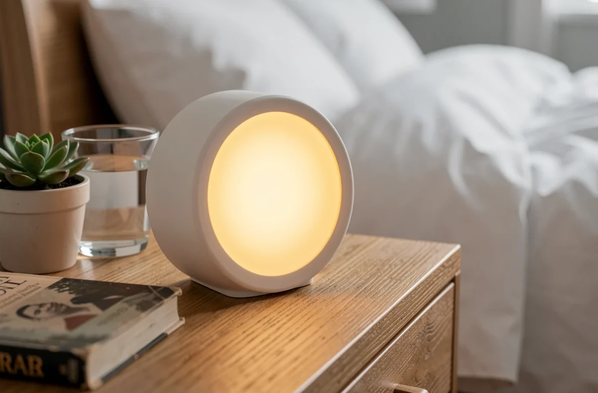 Réveil lumineux sur une table de chevet en bois avec plante et verre d'eau dans une chambre douillette