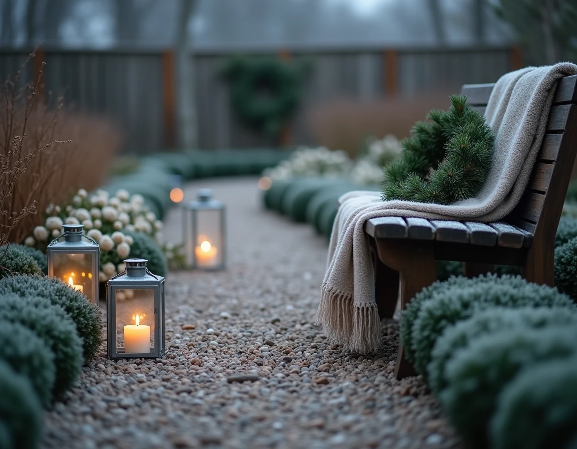 Allée de jardin décorée pour Noël avec lanternes en métal, houx blanc et banc rustique sous le givre hivernal