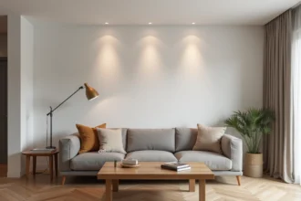 Plafond avec ampoules spots encastrables anti-éblouissement dans un salon moderne aux tons neutres