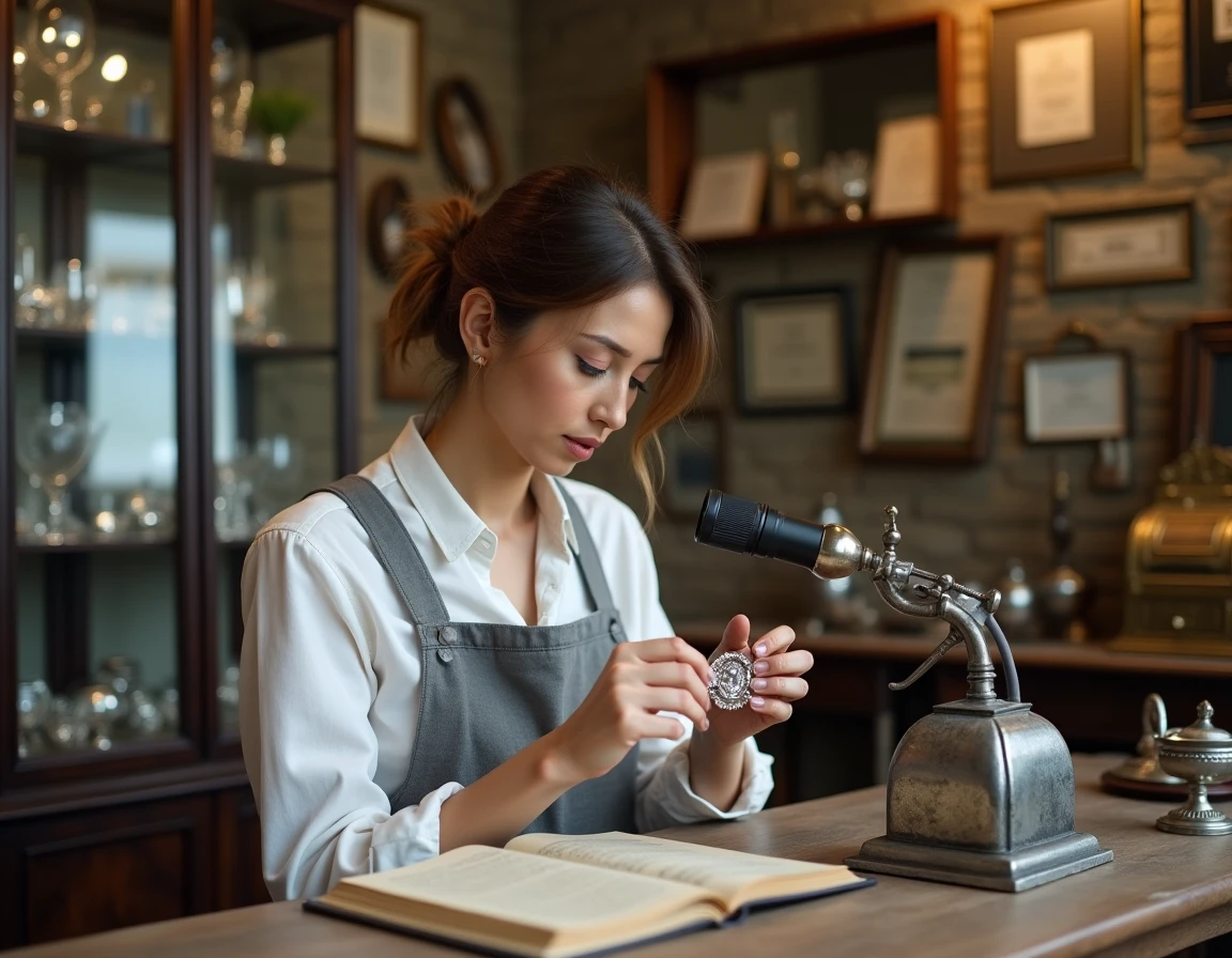 Antiquaire experte examinant un poinçon sur un bijou en métal argenté avec une loupe dans une boutique d'antiquités