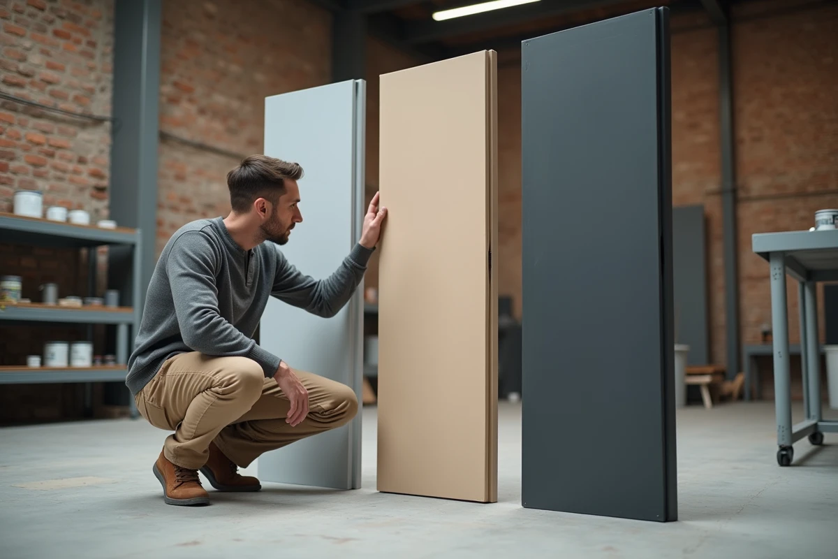 Architecte comparant des panneaux métalliques peints en RAL 9006 gris aluminium et couleurs adjacentes dans un atelier industriel