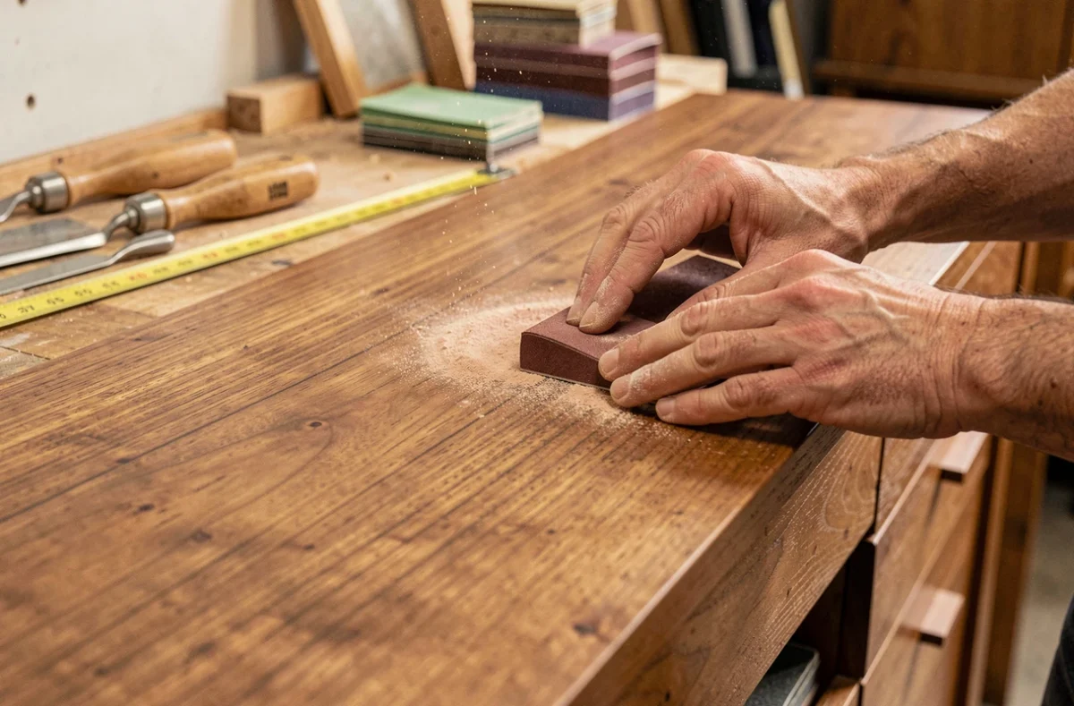 Artisan ponçant un panneau de meuble en teck massif dans un atelier de menuiserie avec outils et sciure visible