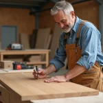 Artisan appliquant du fibrecouture sur un meuble moderne dans un atelier