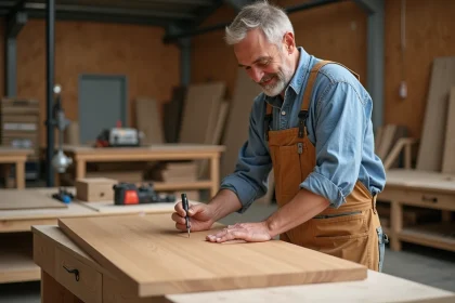 Artisan appliquant du fibrecouture sur un meuble moderne dans un atelier