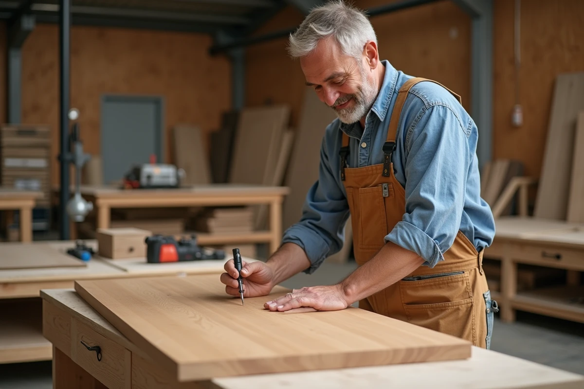 Artisan appliquant du fibrecouture sur un meuble moderne dans un atelier