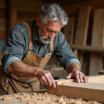 Artisan menuisier assemblant un tenon et mortaise sur un plan de table en bois massif de chêne dans un atelier traditionnel