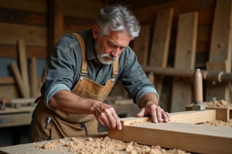 Artisan menuisier assemblant un tenon et mortaise sur un plan de table en bois massif de chêne dans un atelier traditionnel