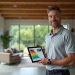 Auditeur énergétique tenant une tablette avec un bilan DPE dans une maison individuelle spacieuse
