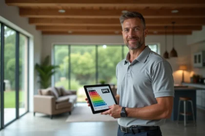Auditeur énergétique tenant une tablette avec un bilan DPE dans une maison individuelle spacieuse