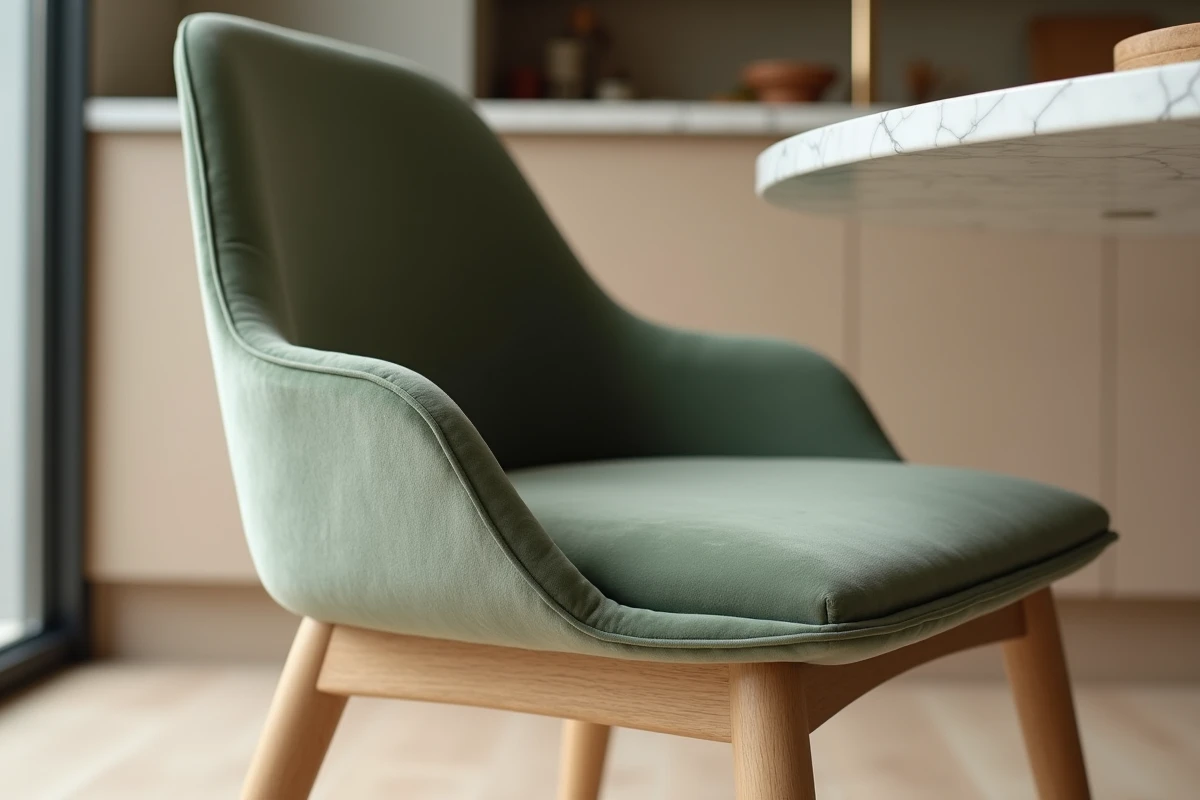 Détail d'une chaise salle à manger Sklum en velours vert sauge avec pieds en chêne après un an d'utilisation, montrant l'usure réelle du tissu