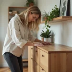 Femme inspectant la qualité d'un meuble buffet en bois de style scandinave Sklum après un an d'utilisation dans un salon moderne