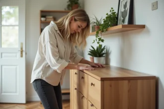 Femme inspectant la qualité d'un meuble buffet en bois de style scandinave Sklum après un an d'utilisation dans un salon moderne