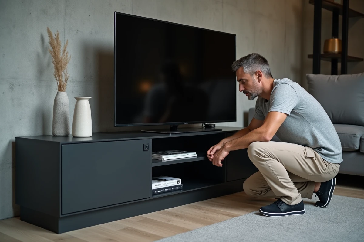 Homme examinant les finitions et assemblages d'un meuble TV Sklum noir mat dans un salon contemporain, évaluation qualité après un an