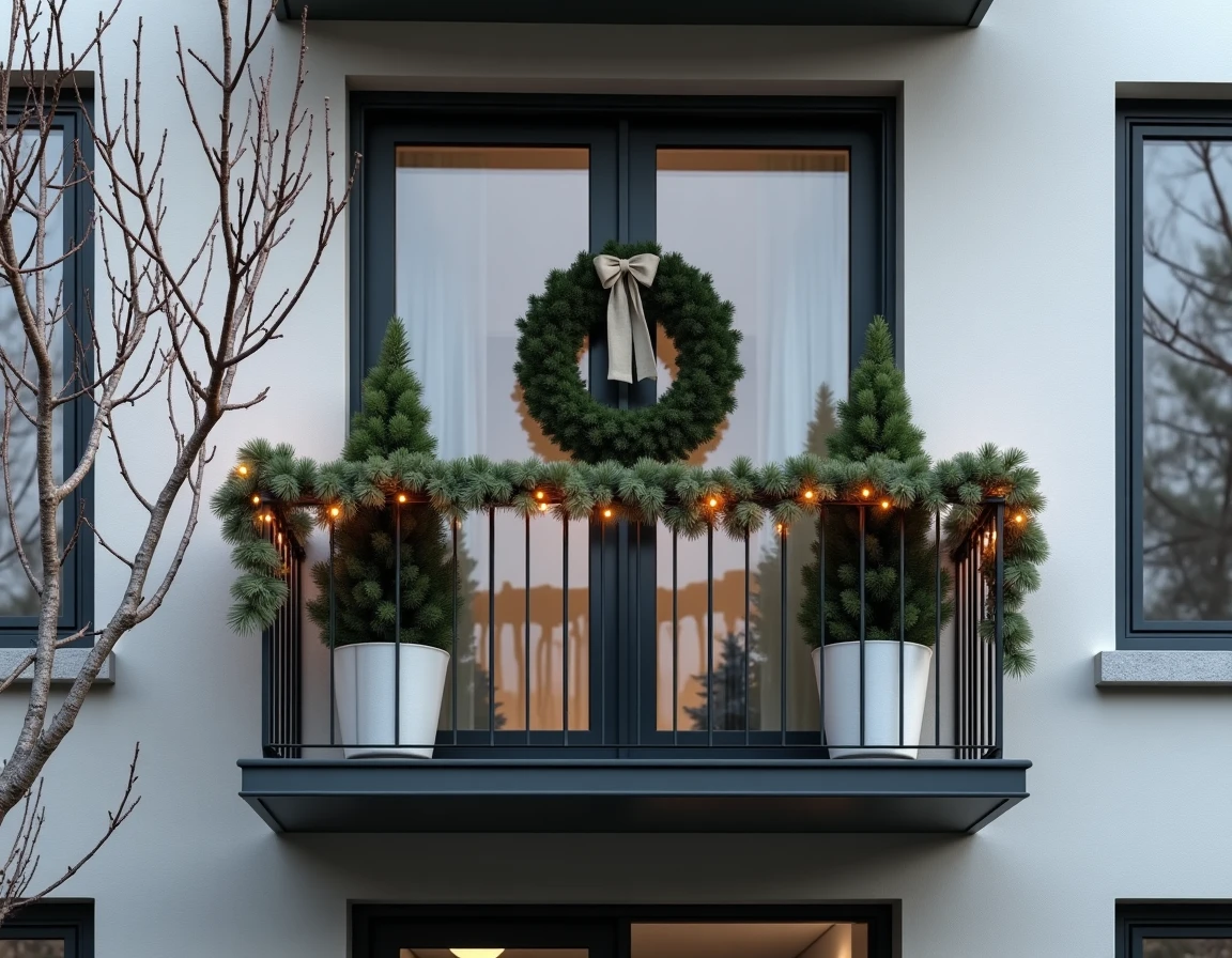 Balcon moderne décoré pour Noël avec guirlande d'eucalyptus, épicéas en pot et couronne en pommes de pin sur façade contemporaine