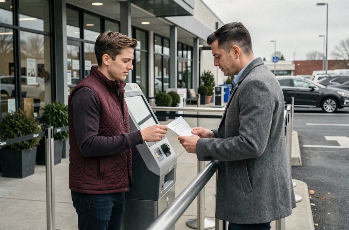 Couple utilisant une borne de retrait en libre-service à l'extérieur d'un magasin Alinea pour éviter l'attente sur le parking