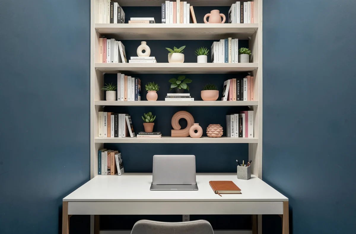 Bureau à domicile en alcôve avec murs bleu acier profond, étagères en chêne blanc et accessoires en ivoire et cognac pour un intérieur chic et fonctionnel
