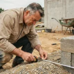 Homme sur un chantier mesurant un tas de graviers avec un mètre ruban pour calculer un volume en mètres cubes