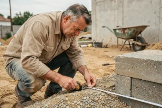 Homme sur un chantier mesurant un tas de graviers avec un mètre ruban pour calculer un volume en mètres cubes