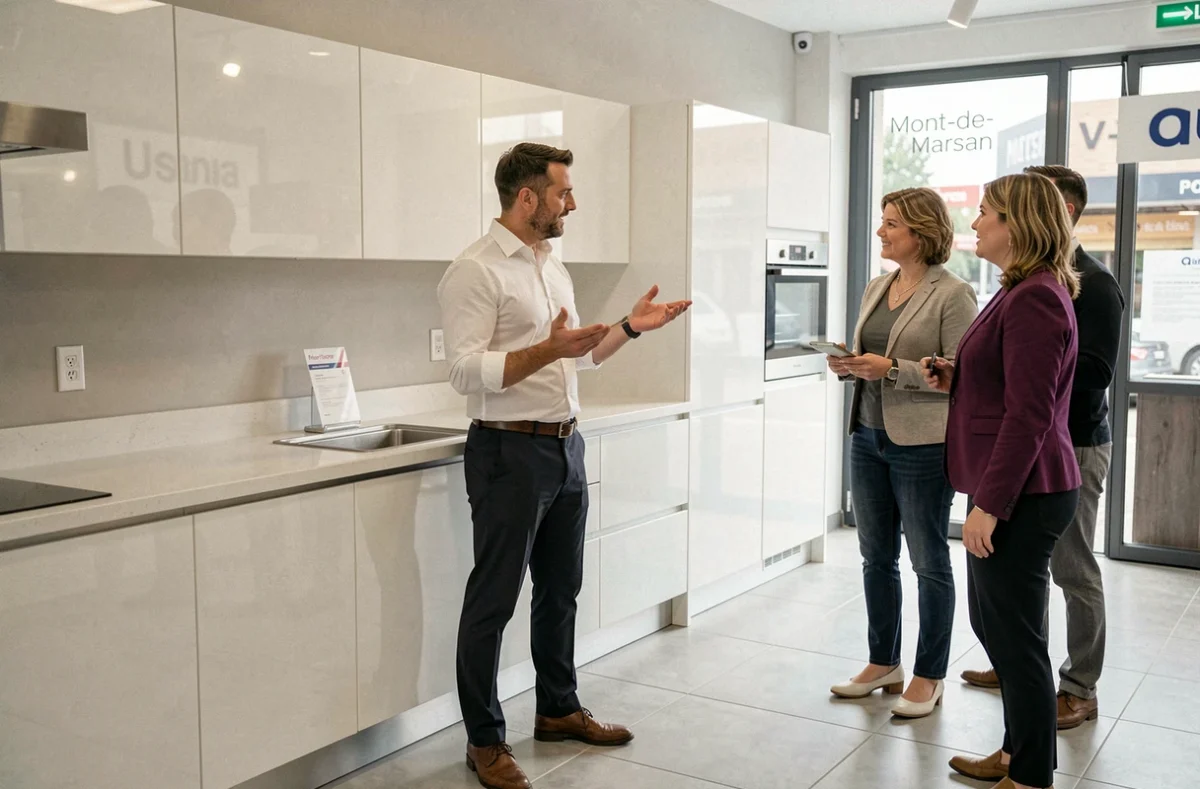 Cuisiniste CFB à Saint-Pierre-du-Mont présentant une cuisine blanche laquée moderne à un couple de clients