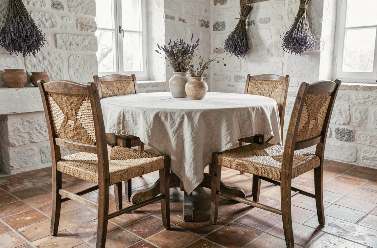 Quatre chaises dépareillées harmonisées par un rempaillage en jonc naturel autour d'une table ronde dans un salon de style campagne française