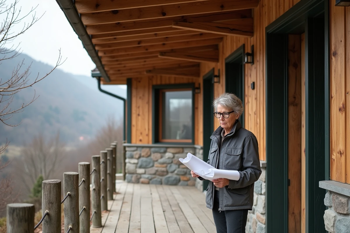 Architecte inspectant un chalet à ossature mixte bois et béton combinant structure traditionnelle et fondations modernes