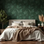 Chambre adulte cocooning avec papier peint botanique vert forêt, literie en lin ivoire et parquet en chêne sombre