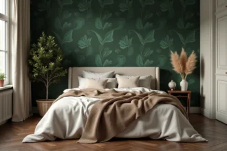 Chambre adulte cocooning avec papier peint botanique vert forêt, literie en lin ivoire et parquet en chêne sombre