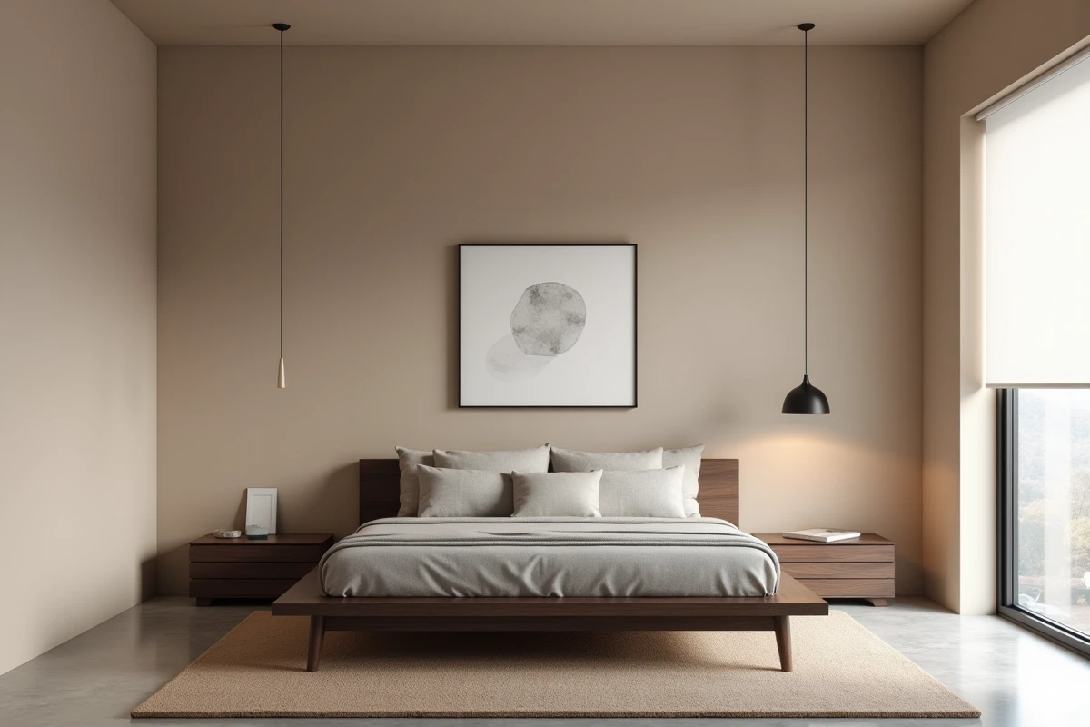 Chambre adulte sobre avec peinture greige mate, lit en noyer et décoration minimaliste pour un confort visuel apaisé