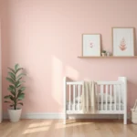 Chambre bébé aux murs rose blush avec un lit en bois blanc, des rideaux en lin et une plante verte sur une étagère