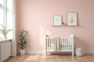 Chambre bébé aux murs rose blush avec un lit en bois blanc, des rideaux en lin et une plante verte sur une étagère