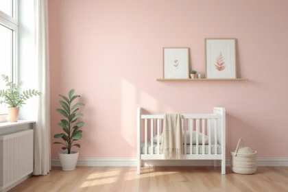 Chambre bébé aux murs rose blush avec un lit en bois blanc, des rideaux en lin et une plante verte sur une étagère
