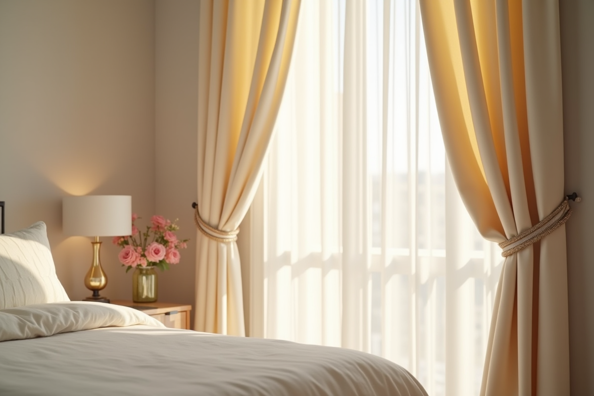 Chambre apaisante avec rideaux thermiques en touchant le tissu