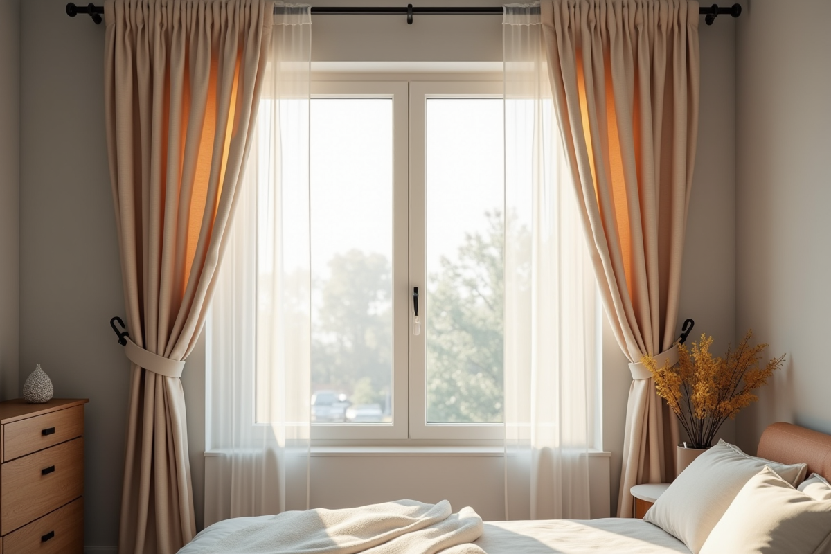 Chambre moderne avec rideaux pastel et motif géométrique