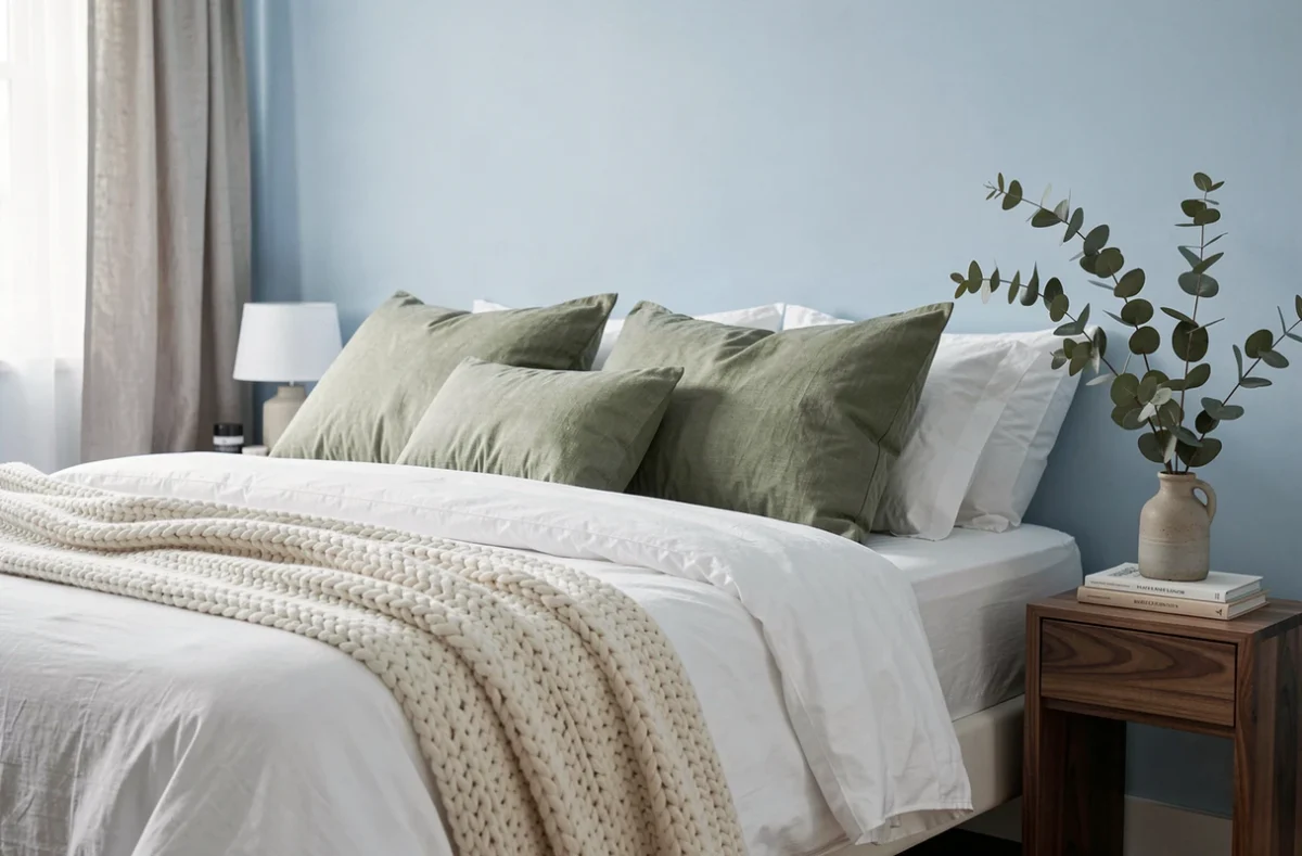 Chambre moderne avec mur bleu poudré, literie en lin blanc et coussins vert sauge pour une ambiance apaisante et chic