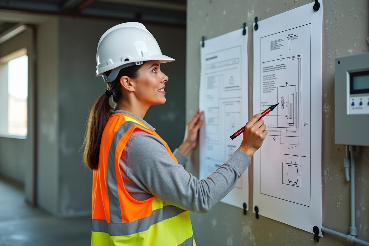 Chargée de travaux expliquant un schéma de câblage différentiel sur un chantier électrique en cours