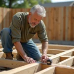 Charpentier mesurant une lambourde en bois traité lors de la construction d'une terrasse extérieure