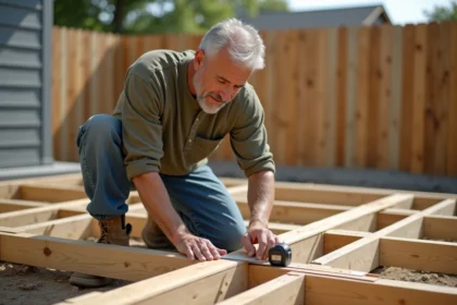 Charpentier mesurant une lambourde en bois traité lors de la construction d'une terrasse extérieure