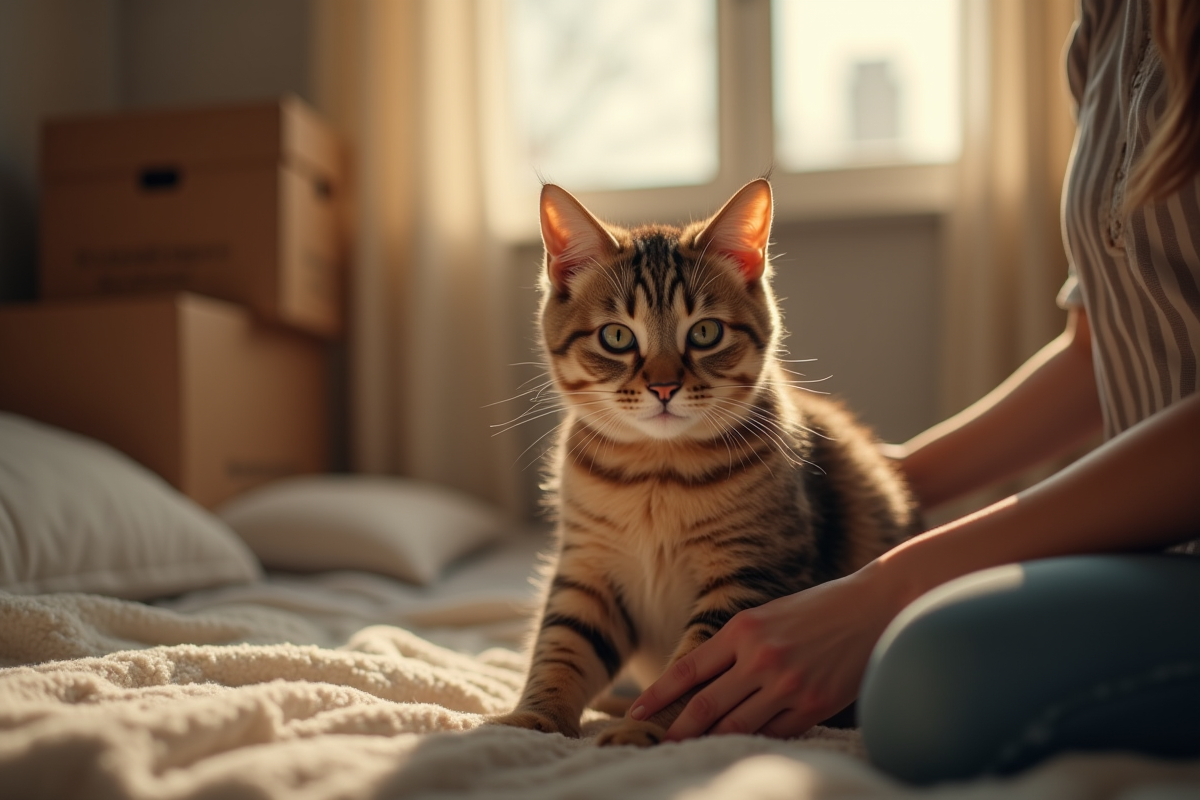 Chat rassuré par son propriétaire dans une chambre chaleureuse