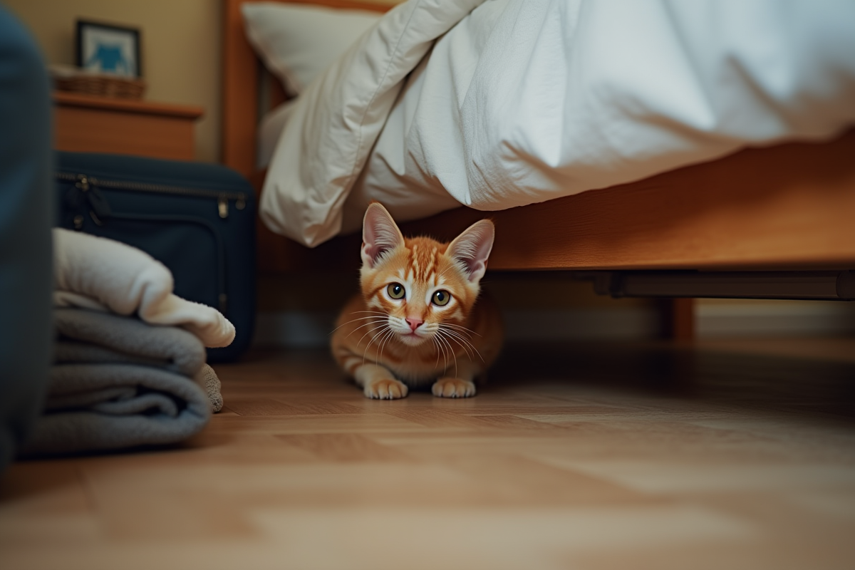 Chat roux curieux sous le lit avec valises et vêtements autour dans une chambre