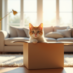 Chat curieux sortant d'une box dans un salon lumineux