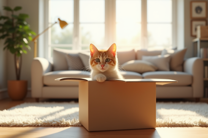 Chat curieux sortant d'une box dans un salon lumineux