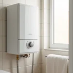 Chauffe-eau électrique mural dans une salle de bain moderne avec thermostat et tuyauterie visible