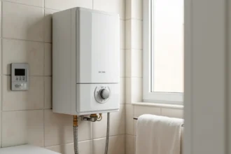 Chauffe-eau électrique mural dans une salle de bain moderne avec thermostat et tuyauterie visible