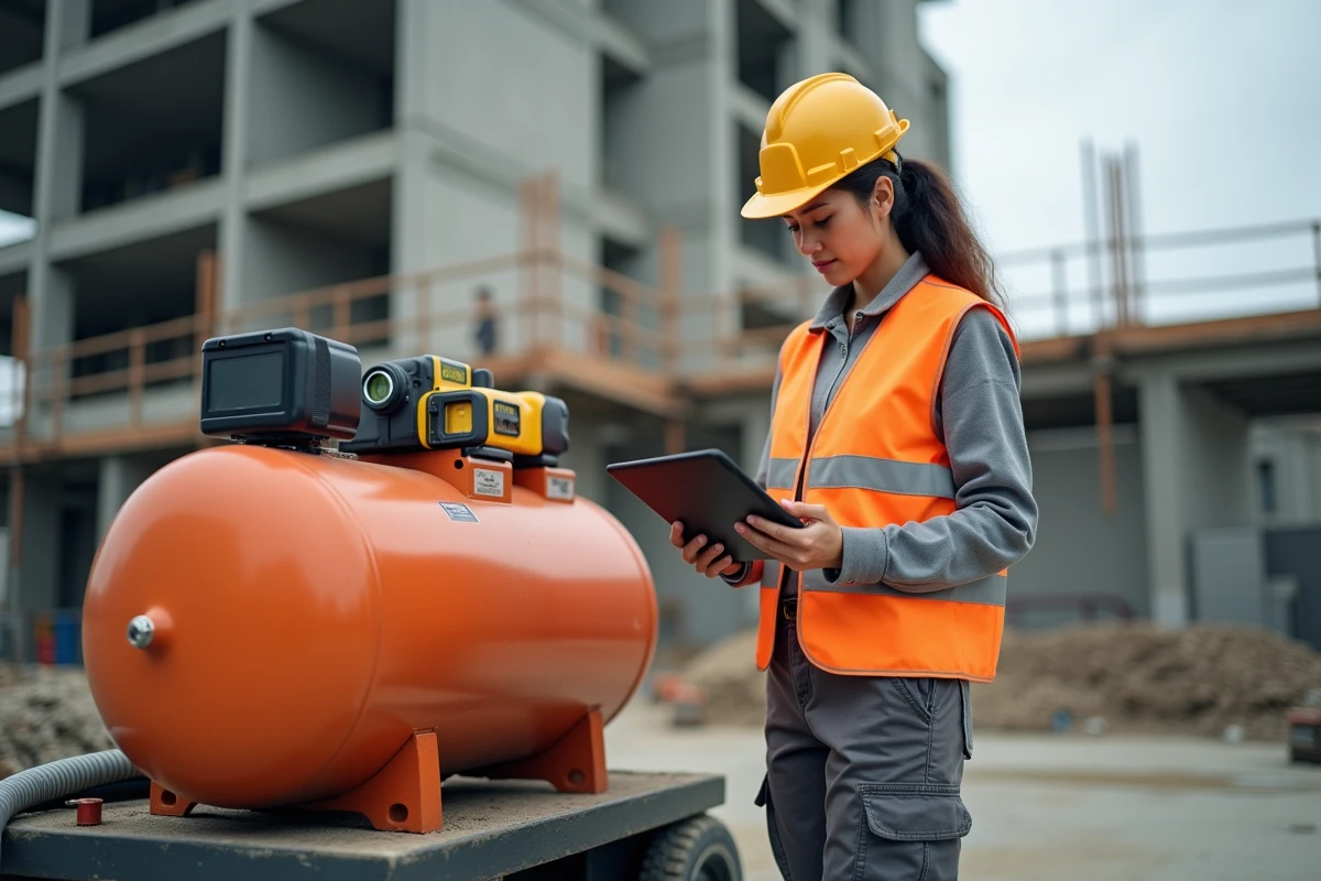 Cheffe de chantier consultant un contrat de location d'équipements professionnels sur un site de construction urbain