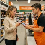 Femme récupérant une commande en click and collect dans un magasin de bricolage type Brico