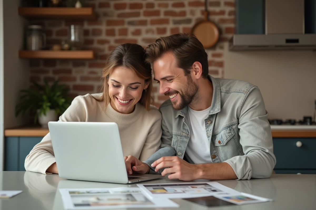 Couple de clients Tooplans examinant des maquettes de design intérieur et des échantillons de matériaux