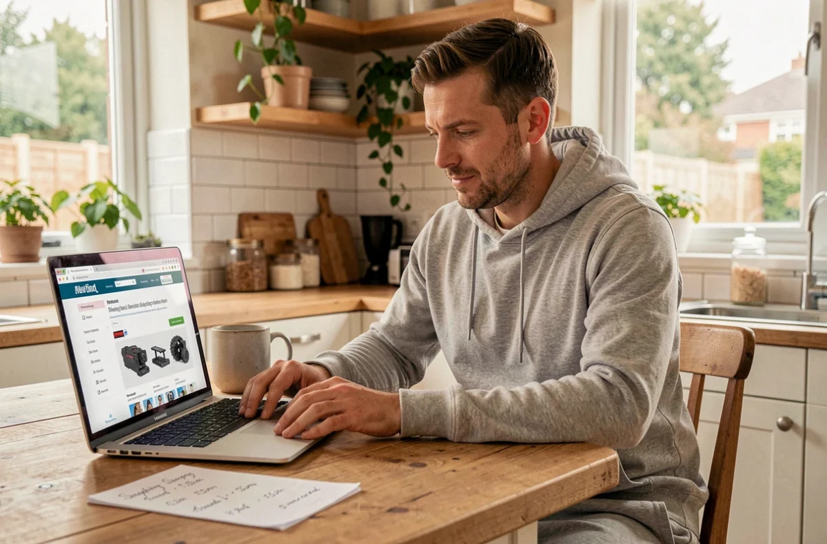 Homme passant une commande en ligne sur le site d'un magasin de bricolage depuis sa cuisine
